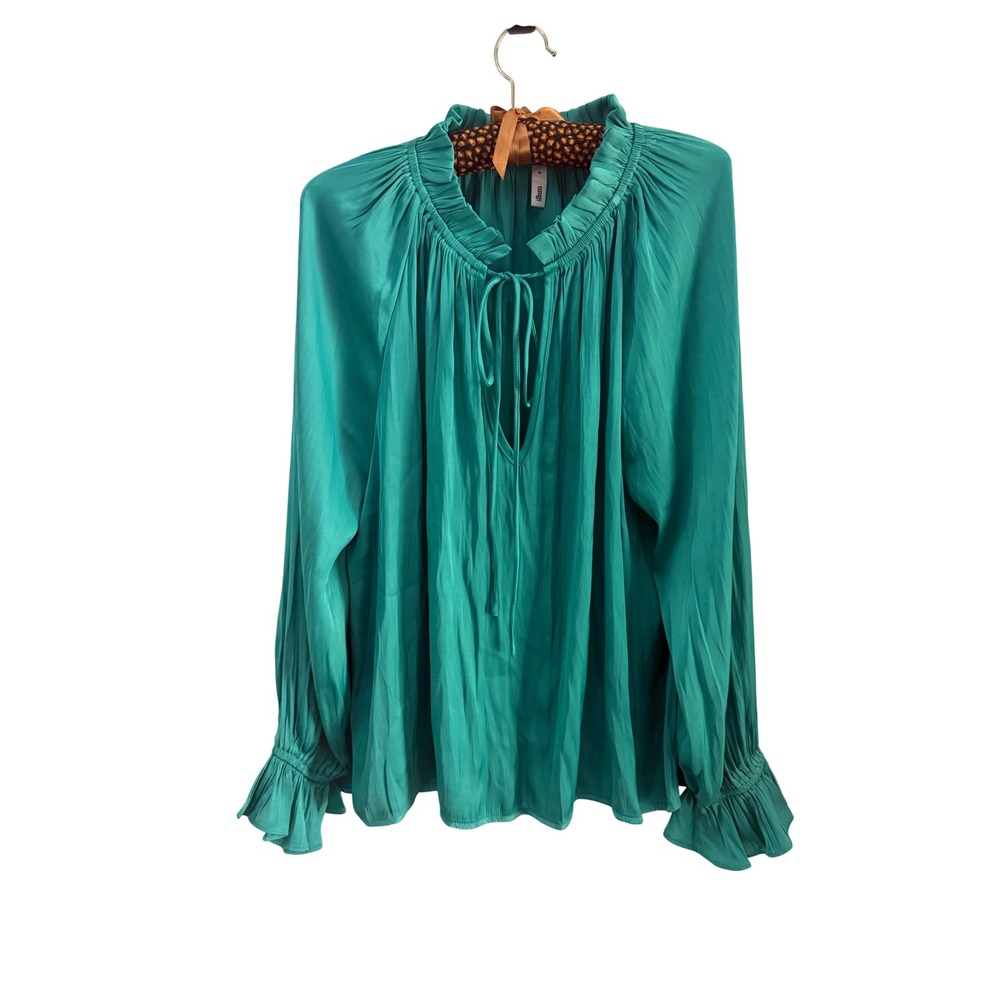 Glam Teal Green Ruffle High Neck Tie Front Blouse GT4561 Womens Size Medium